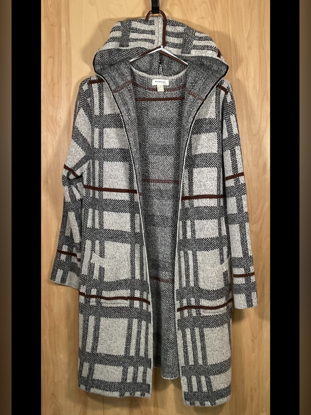 Monteau Long Plaid Hooded Cardigan Sweater - Like New